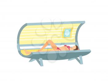 Girl lying and tanning in solarium cartoon isolated vector icon. Young woman in swimsuit in open indoors tanning equipment with ultraviolet lamp sunbathing