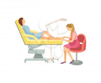 Spa pedicure procedure in room of beauty salon isolated vector banner. Woman client sitting in armchair and specialist varnish nails on toes under lamp