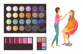 Visage makeup of client woman sitting in armchair of beauty salon. Palette of eyeshadow with different shades and colors. Visagiste working set vector