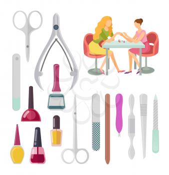 Spa salon manicurist procedure, isolated icons set vector. Scissors and glass bottle with nail polishing files and tools instruments for manicure