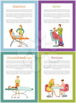 Depilation and barber, tanning posters set with text sample and frames vector. Wax procedure of hair removal on legs, cosmetician face care specialist