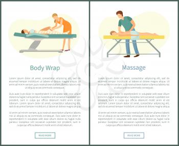 Massage and body wrap spa procedures made by masseur. Client lying on table and relaxing vector web posters. Beauty salon services for health care