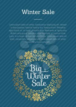 Big winter sale poster with place for text, decorative frame made of golden snowflakes, snowballs of gold in xmas concept vector on checkered blue