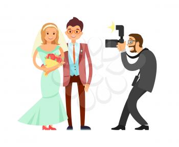 Happy married couple and wedding photographer vector isolated. Bride in long dress and bouquet of flowers and groom in brown suit with bow, cameraman