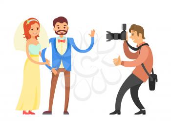 Videographer or photographer taking photo reportage of engagement ceremony. Happy couple on wedding, bride and groom and cameraman vector isolated
