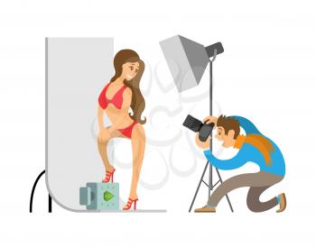 Photographer and model in swimsuit at photo studio. Man holding camera making shots of woman wearing red underwear with stilettos vector illustration.