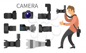 Photographer and high resolution action cameras with lens vector photocameras isolated. Gear with flash and zoom function, photojournalist and tripod