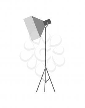 Studio professional light focusing spotlight, photographing equipment. Flashstand portable mounted flash speedlite flashgun isolated on white vector.