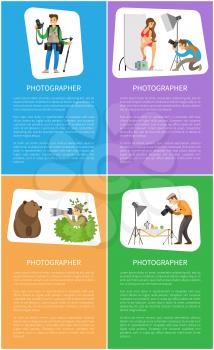 Photographers with cameras banners. Photocorrespondent holding tripod, model at studio, wildlife reporter and still life picture vector illustrations.