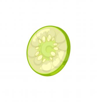 Cucumber slice icon closeup. Salted preserved vegetable sour taste of chopped organic plant. Pickles marinated vegetarian product isolated on vector