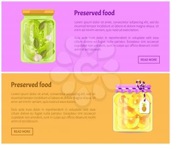 Preserved food banners, vegetable and fruit. Cucumbers with onions, pineapple rings in juice inside jars web page template vector illustrations set.