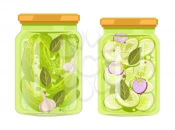 Pickles and canned vegetables poster. Vector glass bottles with cucumbers in marinate with garlic, sliced zucchini in brine with onion and pepper.