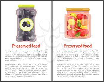 Preserved vegetables posters, canned food. Tomatoes with bay leaves in marinade and Greek olives inside jar promo banners vector illustrations set.