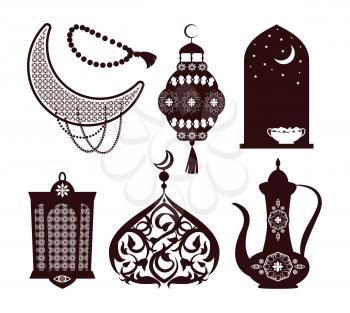 Arabian culture concepts set significant elements, beads and window starry night with moon, decorated lantern, ornamental teapot vector illustration