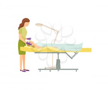 Spa procedure in beauty salon on armchair cartoon banner isolated. Cosmetician specialist in uniform and rubber gloves manipulate with head of client