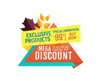 Exclusive offer mega discount buy now only one day. Banner and text with foliages autumnal proposition of markets. Promotion in autumn sale vector