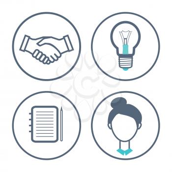 Electric bulb and woman profile isolated icons set vector. Handshake agreement and deal sign, female and notebook. Papers for notes and ideas thought