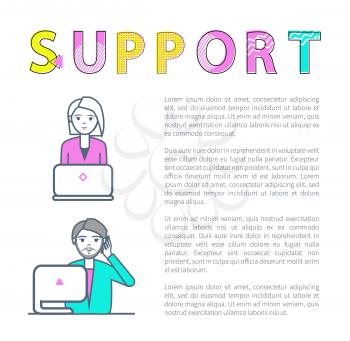 Support non stop poster with smart businessman woman by laptop text sample. Professionals and experts receive calls all day long, staff at computers