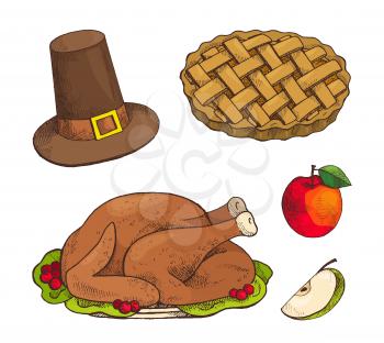 Turkey dish and baked sweet pie with apple set of isolated icons vector. Cake with decoration and hat with belt. Thanksgiving food and meal at plate