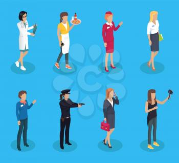 Doctor and waitress policewoman and business lady talking on phone. Professions of women manager and photographer secretary 3d isometric set vector