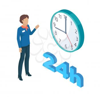 Manager person and clock showing time 3d isometric icons set. Service every day night professional worker with handkerchief on neck isolated on vector
