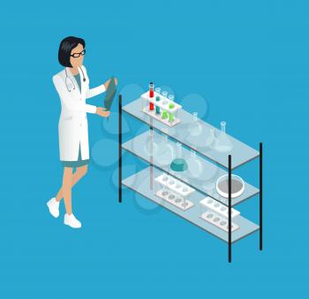 Medical worker doctor in laboratory analyzing x-ray of patient. Glass stand with containers bulbs. Woman diagnostics isometric 3d isolated on vector