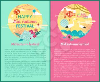 Mid autumn festival posters with text sample. Chinese holiday and lanterns made of paper. Stork birds flowers blooming blossom circled set vector