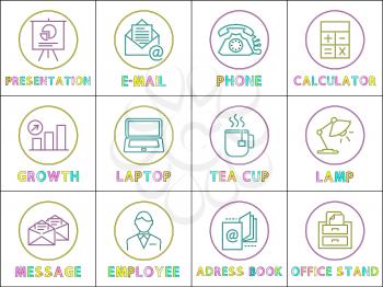 Presentation and phone set of icons with colorful text. Tea cup and lamp message in envelope and growth. Address book and office stand employee vector