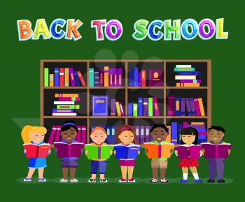 Back to school poster with schoolchildren in library reading literature. Multinational kids with textbooks studying near shelf with numerous material.