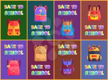 Back to school goods promo poster with schoolbags and rucksacks. Vector fabric and leather bags with partitions and pockets for schoolchildren books.