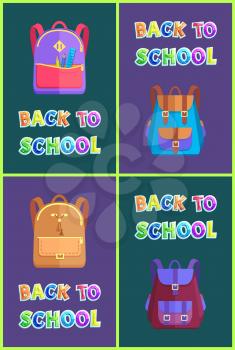 Back to school satchels set with pockets pencil crayons for drawing and ruler. Backpacks rucksacks for pupils students. Bags different types vector