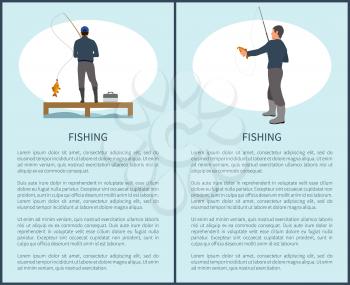 Fishing recreation poster including man on pier or dock with rod and box fishery gear depiction. Fisherman in overall with perch landing in hand.