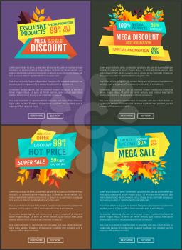 Mega discount hot price set exclusive offer. Posters with text sample and banners. Super deal special promotion autumnal deal autumn price drop vector