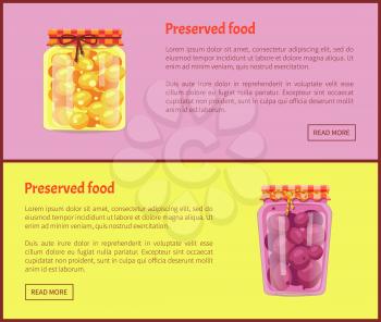 Preserved food banners, fruit jam or compote set. Sweet apricots and ripe plum in juice inside jar web page template with text vector illustrations.