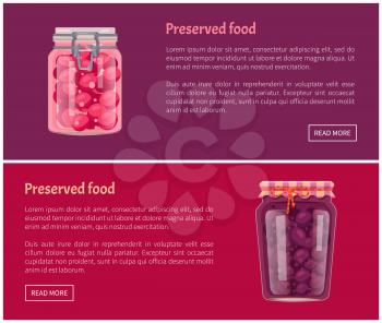 Preserved food banners with fruit or vegetable. Spicy cherry tomatoes and ripe juicy plums in jars on web pages templates vector illustrations set.