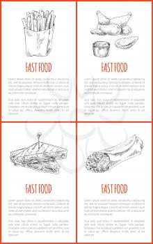 Fast food French fries and fried chicken wings posters with text set. Sandwich with roasted bread Mexican burrito monochrome sketches outline vector