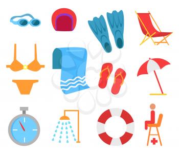 Swimming equipment vector icon. Swimsuit and flippers, folding and lifebuoy, saver seat, umbrella and towel, shower and stopwatch, hat and glasses set