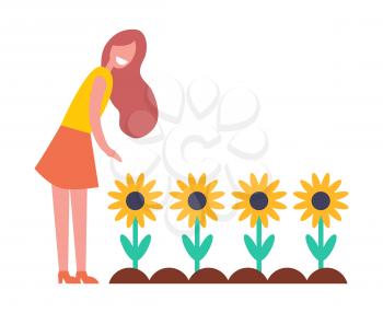 Woman working in garden with flowers icon. Smiling girl takes care of sunflowers in beds badge, isolated vector emblem, hand drawn cartoon banner