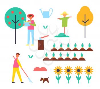 Farm farming people icons set. Fruit trees and person with bucket harvesting ripe products. Sunflowers scarecrow, ax in wooden log, watering can vector