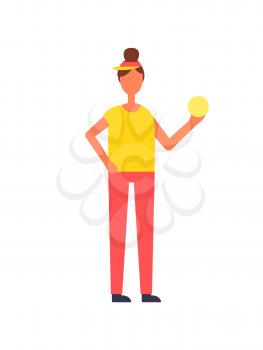 Woman with ball in hand, sport theme cartoon style vector icon. Female shape in sportswear, in cap, with lock of hair, fitness exercise sample badge