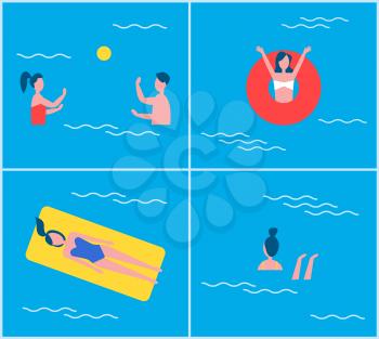 Swimming pool people set vector. Woman raising hands in lifebuoy, lady relaxing on mattress. Couple playing in water polo with ball, swimmer female