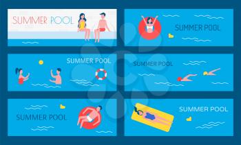 Summer pool water activities set of posters. Swimming basin people on vacations lying in lifebuoy and saving ring. Couple playing game, swimmers vector