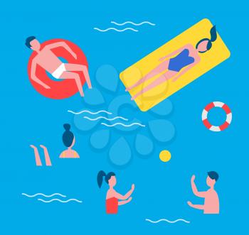 Swimming pool and activities set. Vacation of person lying on mattress man in lifebuoy swimmer and people couple playing ball games in water vector