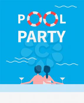Pool party couple drinking alcoholic beverages poured in glasses. Wine drinking of man and woman having holidays. Swimming basin and people vector