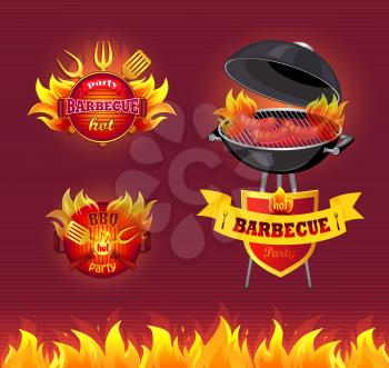 Party barbecue hot BBQ isolated vector. Frying pan and brazier with hot fire and cooking sausages on griddle. Spatula and fork cutlery and dishware