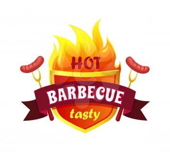 Hot barbecue tasty sausages isolated icon vector. Ribbon with text and frankfurters on forks. Fire flames with wurst and beagle, roasted cooked meal