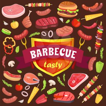 Barbecue tasty party icons vector. Shield with ribbon and text, ham slice and beef. Brochette and skewer, vegetables and hamburger, sausages peppers
