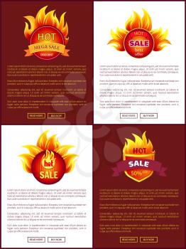 Mega sale burning labels with info about discounts, web posters set. Blazed signs with flame, informative banners with promo offers vector illustrations