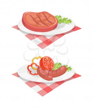 BBQ set, meat for barbecue on plate, isolated vector icon. Roast steak and grilled sausage with sliced tomato, pepper and herbs in dish on tablecloth