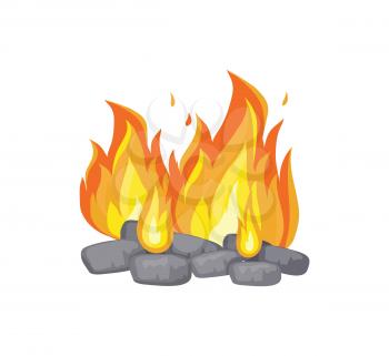 Burning bonfire with charcoal, in cartoon style vector banner. Fire and flames badge, camping theme, campfire or fireplace sample, isolated emblem